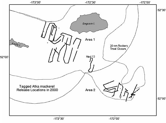 map of Sequam Pass 2000 Atka mackerel tagging study site