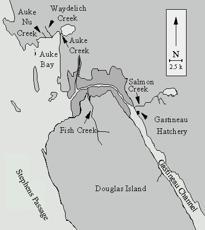 map of Auke Creek and Gastineau Hatchery sampled for stray pink salmon