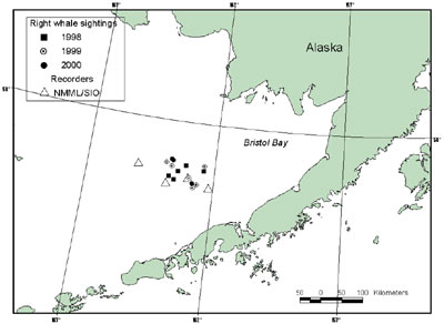 map of SE Bering Sea right whale sightings July '98-'00